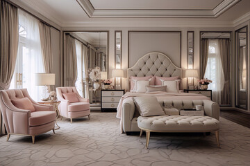 Pink and white bedroom interior in classic style with two armchairs, a bed, and a bench - obrazy, fototapety, plakaty