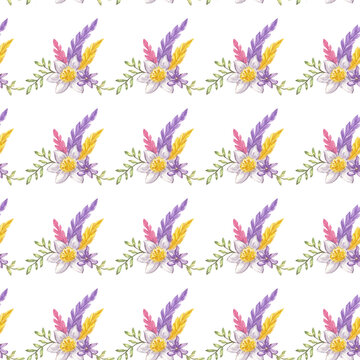 Seamless pattern of narcissus flower, leaf, pink yellow purple feathers background template. Hand-drawn watercolor illustration on white background. For textile, print, wrapping