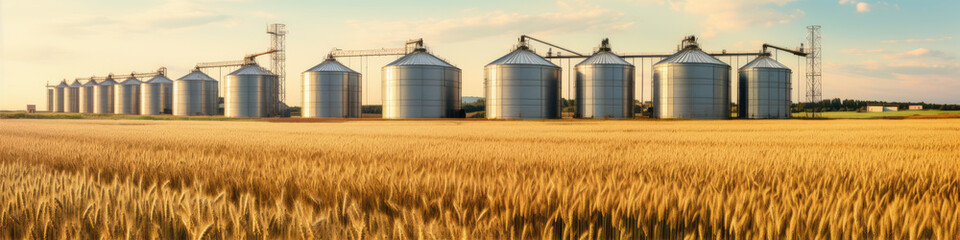 Grain silos in farm field. Agricultural silo or container for harvested grains.
