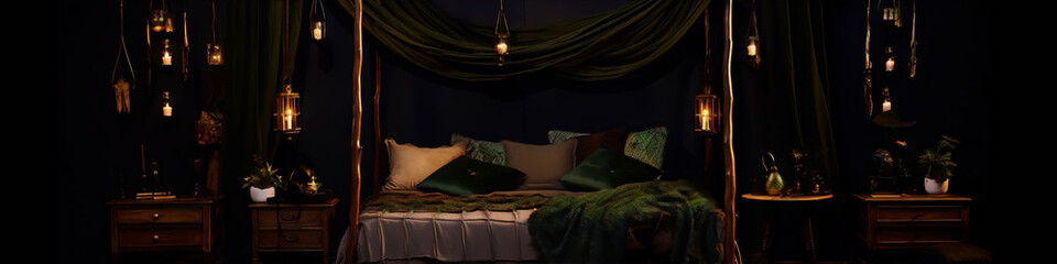 A dark and mysterious bedroom with a four-poster bed, candles, and plants. - obrazy, fototapety, plakaty