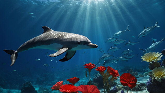 Beauty of the Sea: A Stunning Image of a Dolphin Swimming in the Ocean with Flowers.