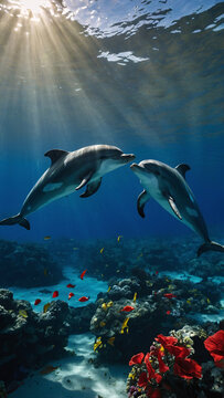 A tranquil image of a dolphin swimming in an environment filled with love.