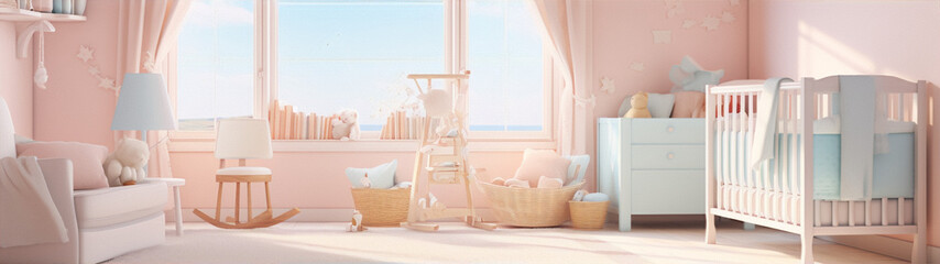 Pink and blue pastel nursery with a coastal view and lots of cute toys and stuffed animals