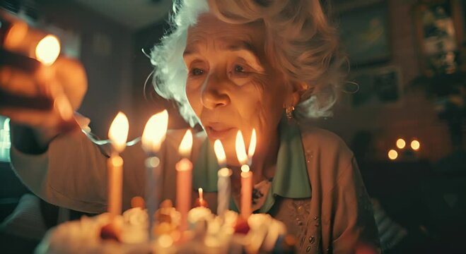 An elderly woman makes a wish and blows out the candles on her birthday cake in a close-up shot. It's a joyful pensioner party as the happy old lady celebrates the holiday at home