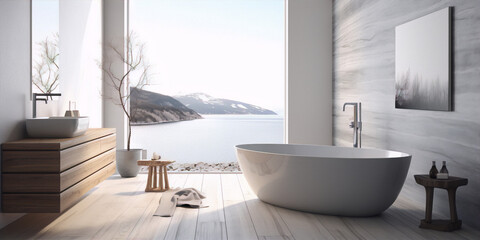 Bathroom interior with a large window and a view of the lake. The bathroom is decorated in a modern style with natural materials such as wood and stone. The colors are white, gray, and brown.