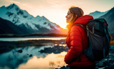 Crédence de cuisine en verre imprimé Aoraki/Mount Cook Winter Wonderland Expedition: A Happy Tourist Woman, Back View, Immerses Herself in the Tranquility of a Glacier Lake, Aoraki/Mount Cook, and the Southern Alps under the Majestic Sunset Sky in Winter