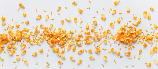 Many dry ripe yellow corn seeds isolated on white background. AI generated image
