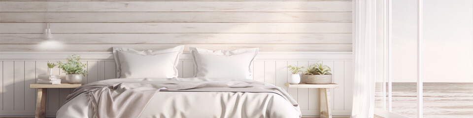 Fototapeta na wymiar 3D rendering of a bright and airy coastal bedroom with whitewashed wood walls and neutral bedding.