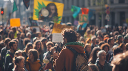 An environmental rally in a bustling city square with activists and speakers energizing the crowd under banners of green initiatives.