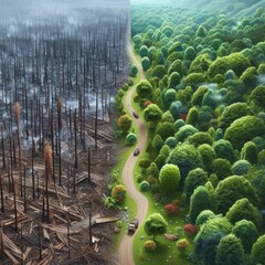 Deforestation or forestation, with destroyed and complete green forest, illustration. Created by generative ai
