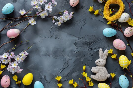 Happy Easter Eggs Basket nutty. Bunny in heartwarming message flower Garden. Cute 3d resurrection celebration easter rabbit illustration. Easter longer days card wallpaper garden bed