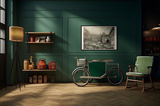 Retro green living room interior with vintage bicycle and decorations, 3d illustration