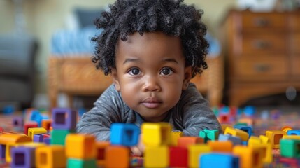 Baby Surrounded by Blocks on Floor