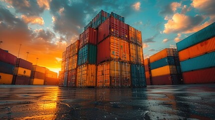 Cargo Containers on Wet Ground - obrazy, fototapety, plakaty