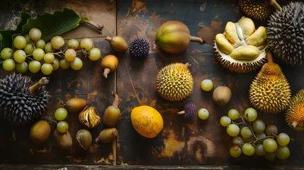 Fototapeten An exotic flatlay of durian jackfruit and mangosteen arranged on a rich dark wood background highlighting the unique textures and appeal of tropical fruits. © Finn
