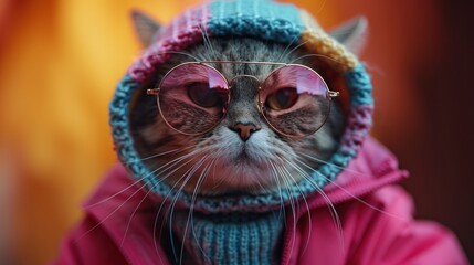Fototapeta premium Cat Wearing Glasses and Pink Coat
