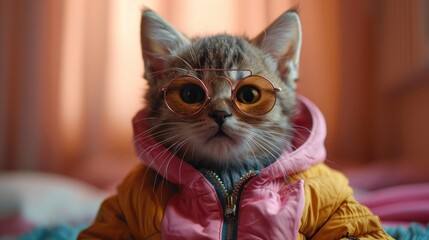 Stylish Cat in Glasses and Yellow Jacket