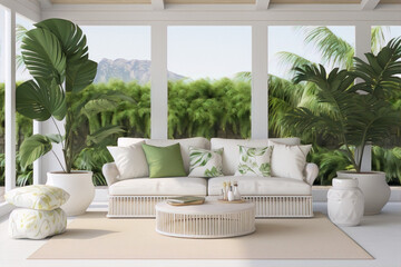 Bright and airy sunroom with white wicker furniture and lush green plants