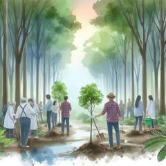 Individuals engaging in a tree planting event, symbolizing community efforts for reforestation. Nature and Ecology Concept. World Environment Day. Illustration. Created by generative ai.