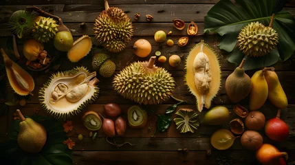 Foto op Plexiglas An exotic flatlay of durian jackfruit and mangosteen arranged on a rich dark wood background highlighting the unique textures and appeal of tropical fruits. © Finn