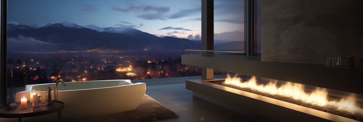 A modern bathroom with a fireplace and a view of the city from the window.