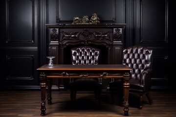 Two brown leather chairs and a desk in a dark wood paneled room with fireplace. - obrazy, fototapety, plakaty