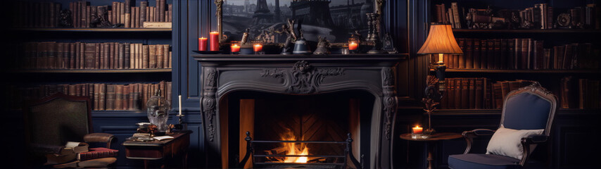 Parisian library with fireplace, dark blue walls and red leather furniture - obrazy, fototapety, plakaty