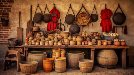 Still life of various medieval objects, barrels, pottery, and tools with warm colors and a sepia tone - obrazy, fototapety, plakaty