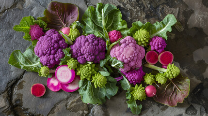 Image of An exotic vegetable flatlay featuring unique varieties such as purple cauliflower Romanesco broccoli and watermelon radishes on a textured stone background. printed on Printed Glass Splashbacks