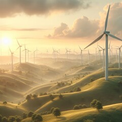 Wind turbines harmoniously blending with nature, conveying a sense of clean and renewable energy. Illustration. Created with generative ai