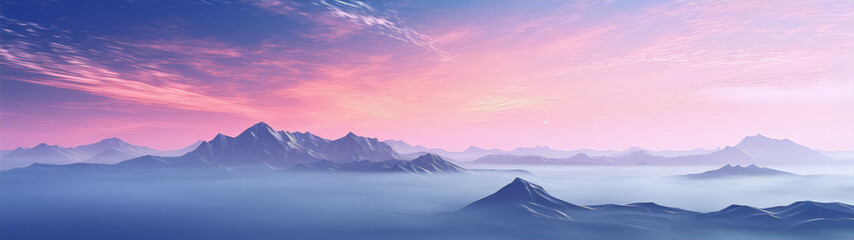Fantasy landscape painting of blue and purple mountains with pink clouds in the sky. - obrazy, fototapety, plakaty