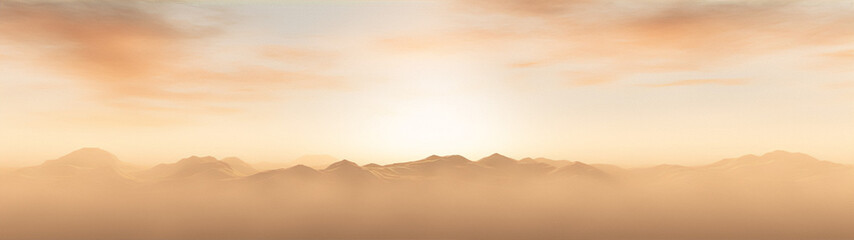 Surreal foggy mountain landscape with a bright sky in the background in warm colors.