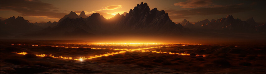 Fantasy landscape with a mountain range and a glowing river in the foreground.