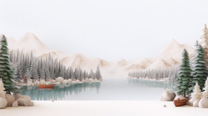 3D illustration of a winter landscape with a lake, mountains, and trees in a minimal style with pastel colors. - obrazy, fototapety, plakaty