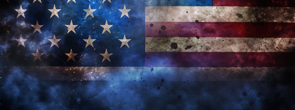 Grunge American flag with stars and stripes on dark blue background.