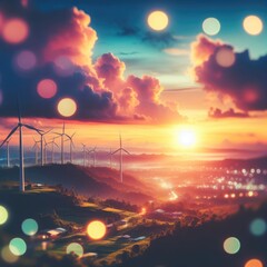 Wind turbines harmoniously blending with nature, conveying a sense of clean and renewable energy. Illustration. Created with generative ai