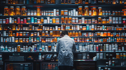 A man in a lab coat is standing in front of a shelf of bottles in a pharmacy in the city - obrazy, fototapety, plakaty