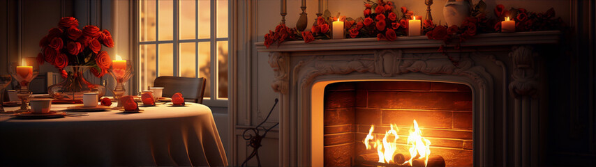 Fireplace with mantel and burning logs, table set for two with red roses and candles in a romantic setting