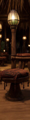 Fototapeta na wymiar Thatched roof hut interior with wooden benches and lanterns in the night