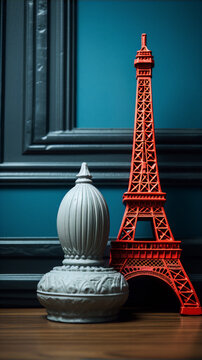 Still life photography of Eiffel Tower and chess piece in blue and red colors with dark background