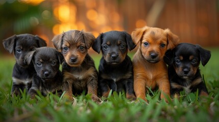 Group of Puppies Sitting in Grass