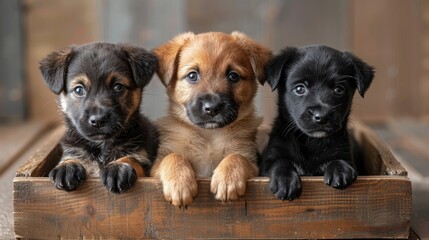 Obraz premium Three Puppies Sitting in Wooden Crate