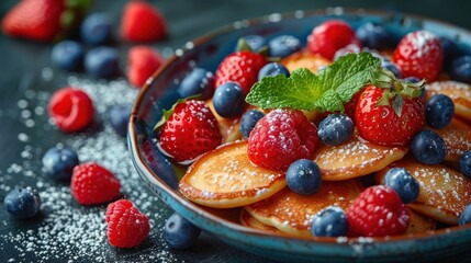 Blue Bowl of Fruit and Powdered Sugar