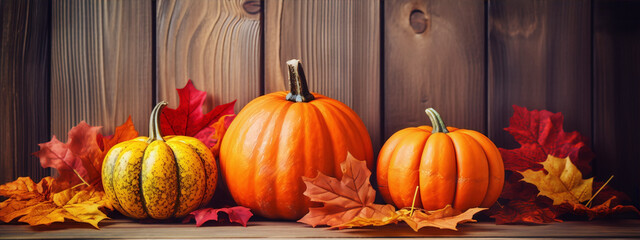 Still life of pumpkins and fall leaves against a wooden background in warm colors