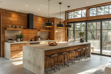 A stunning indoor kitchen with a spacious island, modern cabinetry, and a grand window that floods the room with natural light, creating the perfect balance of style and functionality - obrazy, fototapety, plakaty
