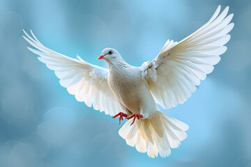 Flapping white doves, beautiful simple bright light and blue sky
