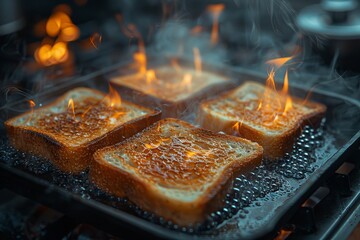 A mouthwatering display of golden-brown toast sizzling on a grill, evoking the warmth and comfort of homemade cuisine indoors - obrazy, fototapety, plakaty
