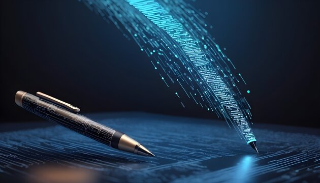 Futuristic AI Technology for Creative Copywriting. Digital pen symbolizing the integration of AI in the field of copywriting, set against a backdrop of dynamic digital data streams.