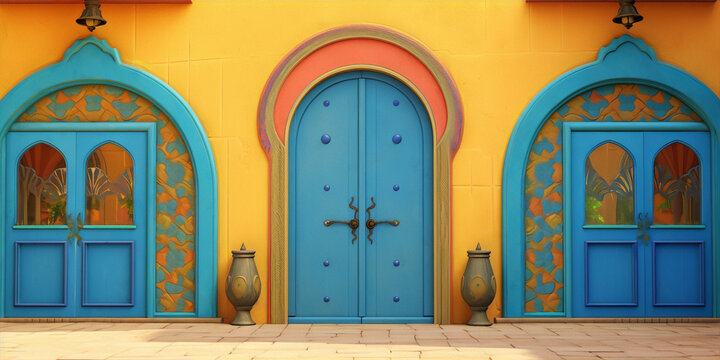Colorful cartoon image of three blue doors with intricate patterns on yellow building with two windows