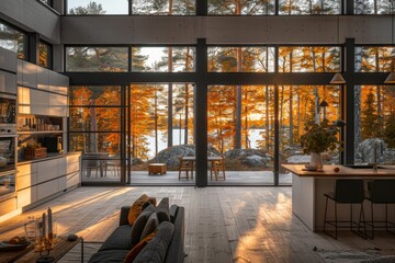 Natural light pours in through the expansive windows, illuminating the sleek furniture and highlighting the warmth of the wooden floor in this modern indoor living room surrounded by lush trees - obrazy, fototapety, plakaty